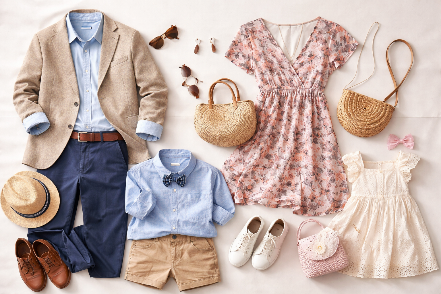 Coordinated Collections - flat lay of coordinated family outfits including mom, dad, daughter and son clothing with accessories for picture perfect family portraits